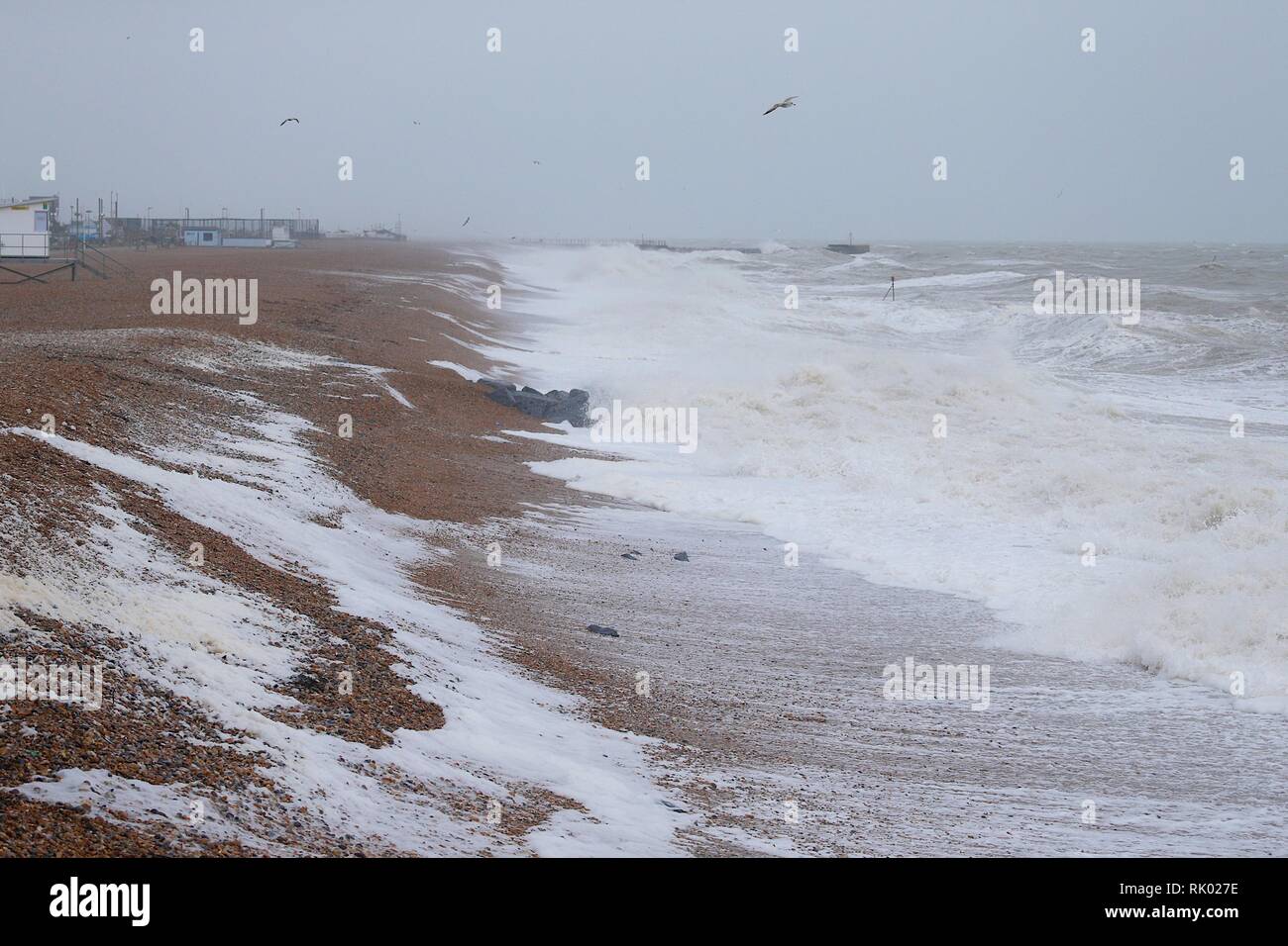 Hastings, East Sussex, UK. 08 Feb, 2019. UK Weather: Gale force winds bring raging seas to Hastings in East Sussex. © Paul Lawrenson 2019, Photo Credit: Paul Lawrenson / Alamy Live News Stock Photo