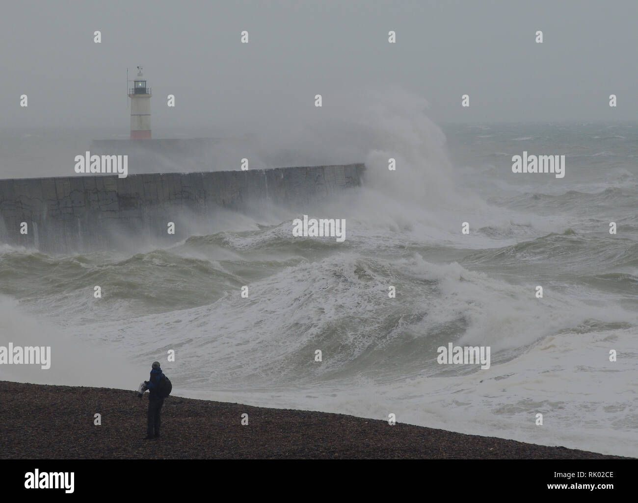 Newhaven, East Sussex, UK..8 February 2019. Storm Erik brings gale force winds whipping up the surf & creating big waves along the South coast. . Stock Photo