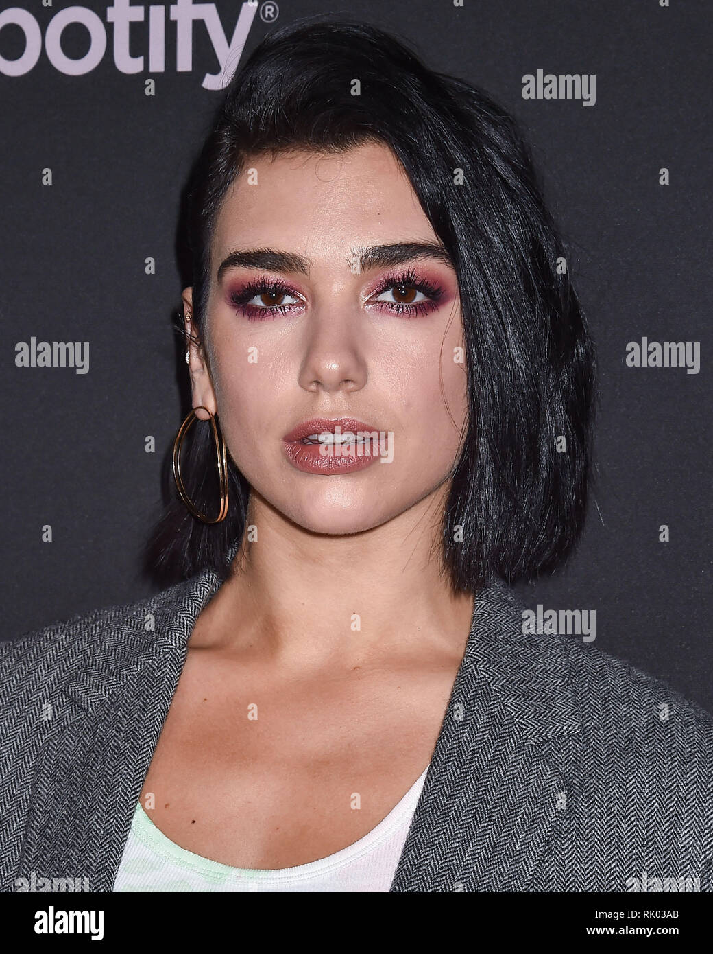 Los Angeles, United States. 07th Feb, 2019. LOS ANGELES, CA, USA - FEBRUARY  07: Singer Dua Lipa wearing Calvin Klein arrives at the Spotify Best New  Artist Party 2019 held at the
