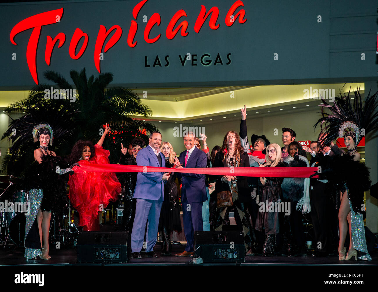 Las Vegas, NV, USA. 7th Feb, 2019. ***HOUSE COVERAGE*** Aaron Rosenthal, VP and General Manager for Tropicana Las Vegas, The past and current cast of Legends and Brian Brigner, Chief Operating Officer of On Stage Enterprises, Producers of Legends pictured at The Legends in Concert welcoming event and outdoor preview at Tropicana Las Vegas in Las Vegas, NV on February 7, 2019. Credit: Erik Kabik Photography/Media Punch/Alamy Live News Stock Photo