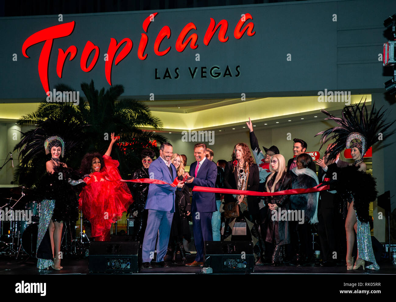 Las Vegas, NV, USA. 7th Feb, 2019. ***HOUSE COVERAGE*** Aaron Rosenthal, VP and General Manager for Tropicana Las Vegas, The past and current cast of Legends and Brian Brigner, Chief Operating Officer of On Stage Enterprises, Producers of Legends pictured at The Legends in Concert welcoming event and outdoor preview at Tropicana Las Vegas in Las Vegas, NV on February 7, 2019. Credit: Erik Kabik Photography/Media Punch/Alamy Live News Stock Photo