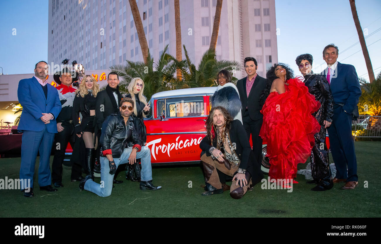 Las Vegas, NV, USA. 7th Feb, 2019. ***HOUSE COVERAGE*** Aaron Rosenthal, VP and General Manager for Tropicana Las Vegas, The past and current cast of Legends and Brian Brigner, Chief Operating Officer of On Stage Enterprises, Producers of Legends pictured at The Legends in Concert welcoming event and outdoor preview at Tropicana Las Vegas in Las Vegas, NV on February 7, 2019. Credit: Erik Kabik Photography/Media Punch/Alamy Live News Stock Photo