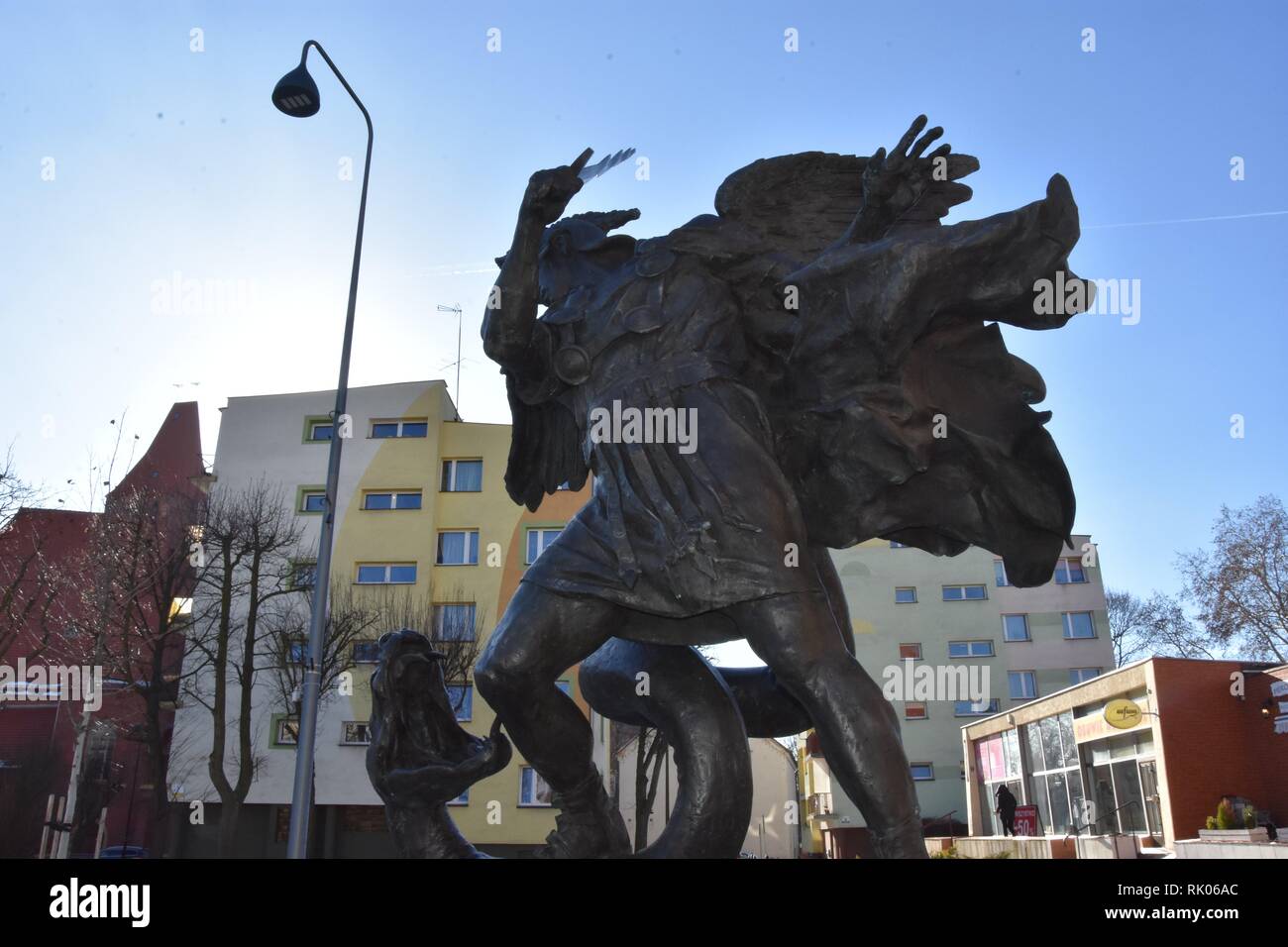 Lubin, Poland. 8th Feb, 2019. The monument of St. Michael the Archangel  founded the authorities of the city of Lubin in Poland. Money for the  monument comes from the city budget Credit: