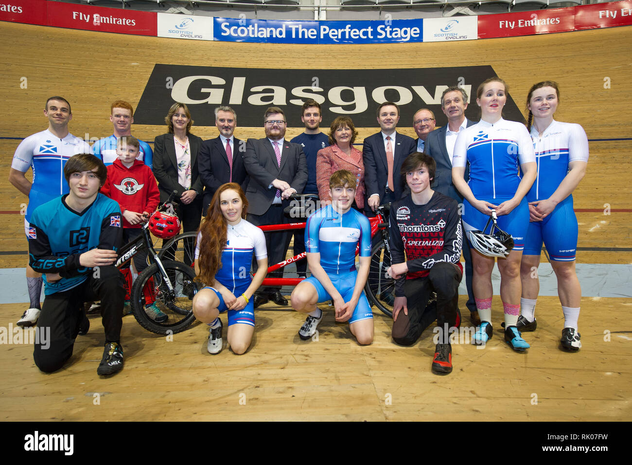 Glasgow, UK. 8 Feb 2019. (L-R) (L-R) Dame Katherine Grainger; Frank Slevin - Chair of British Cycling; Councillor David McDonald of Glasgow City Council; Callum Skinner - Olympic Silver Medalist; Fiona Hyslop MSP - Cabinet Secretary for Culture, Tourism and External Affairs; David Lappartient is the president of the Union Cycliste Internationale;  Paul Bush OBE -  VisitScotland’s Director of Events, Tom Bishop along with Riders from the Scottish Performance Development and Local Clubs. Credit: Colin Fisher/Alamy Live News Stock Photo