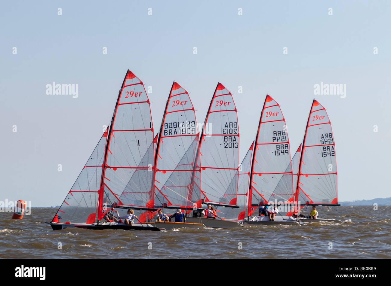 Porto Alegre, Brazil. 08th Feb, 2019. Second race day of the XXVI Youth Cup 2019. Held at Veleiros do Sul, Porto Alegre, RS. With approximately 70 watercraft, the Youth Cup will have a dispute in the following classes: RS: X (Men and Women), Laser Radial (Men and Women), 420 (Men and Women) and 29er Masc. And Fem.). The event is selective for the formation of the Brazilian Youth Sailing Team (EBVJ) that will represent Brazil in the World Youth Championship, to be held in July 2019 in the city of Gdynia, Poland. Credit: Raul Pereira/FotoArena/Alamy Live News Stock Photo