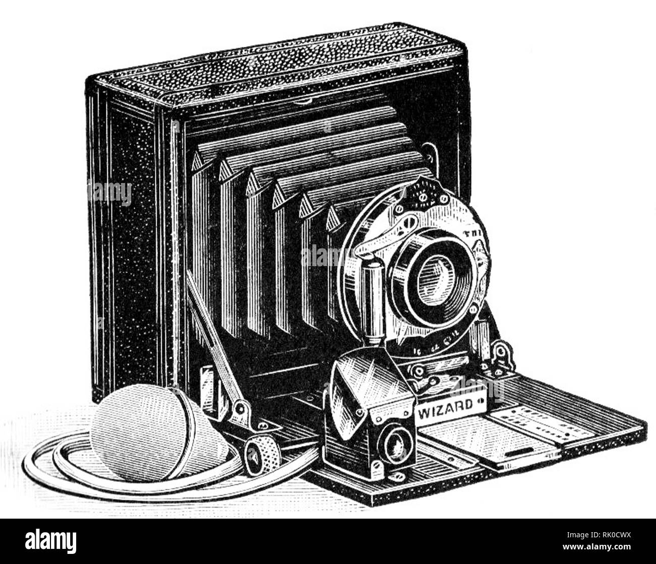 Vintage old photographic plate camera - this was named The Wizard.  These antique cameras used glass plates to produce the negative. Stock Photo