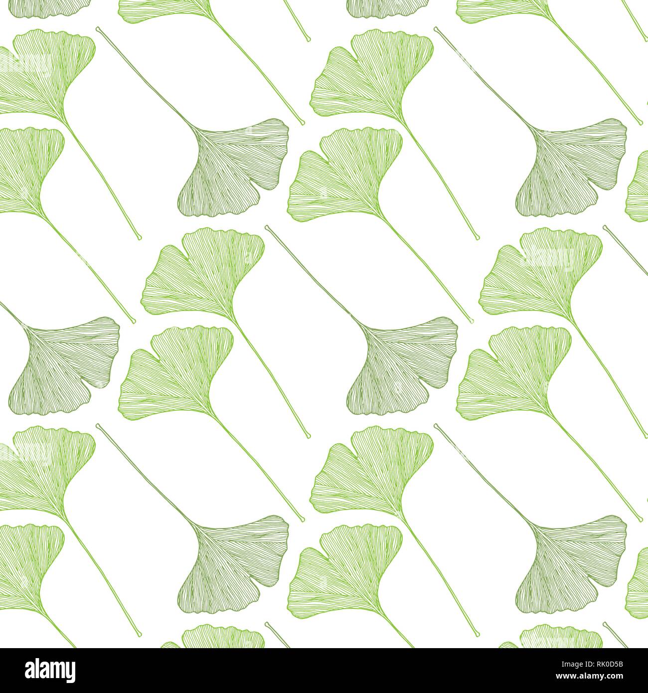 Spring pattern of hand drawn ginkgo leaves in a light green color palette on a white background. Vector illustration Stock Vector
