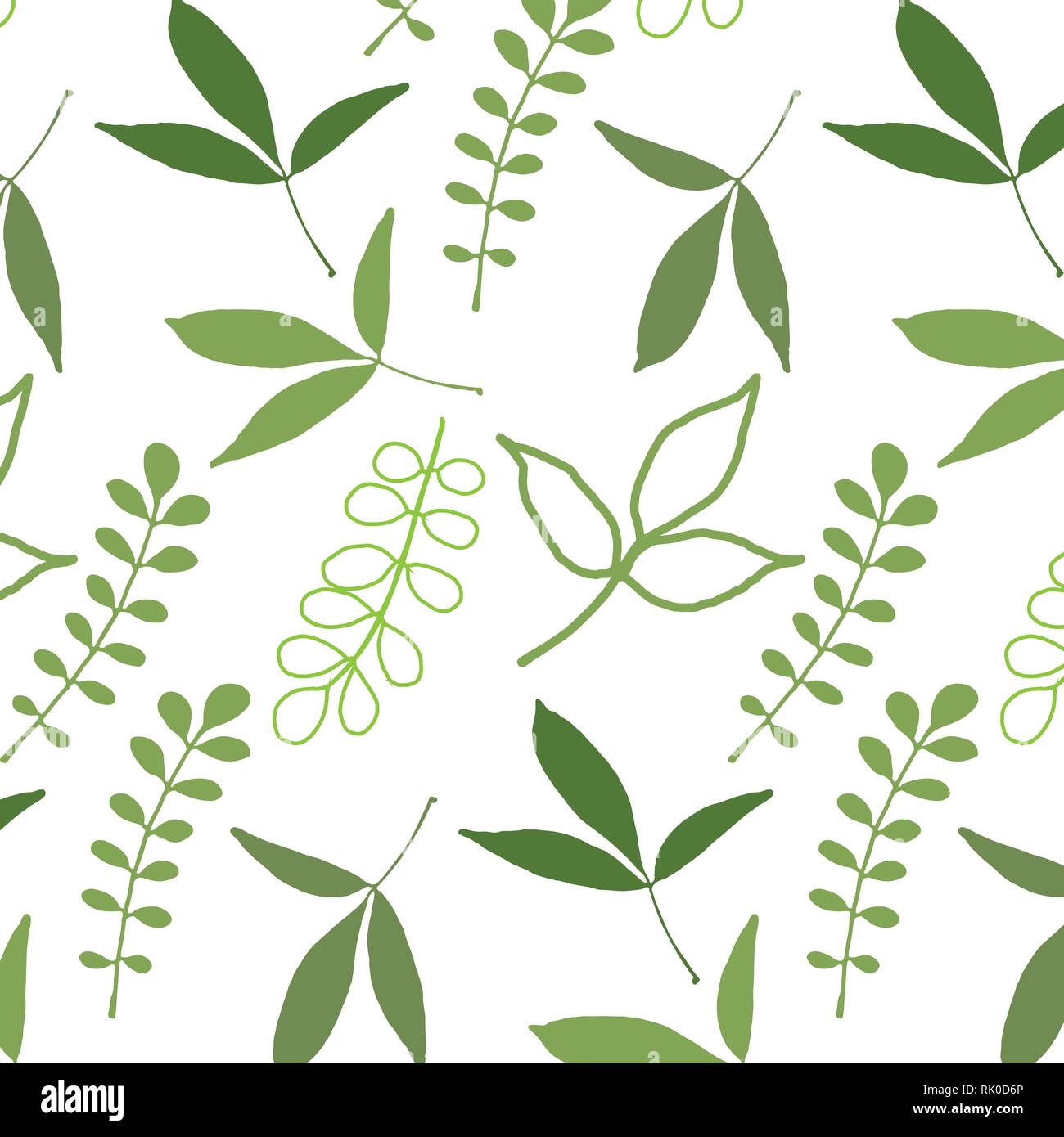 Spring pattern of hand drawn green foliage on a white background ...