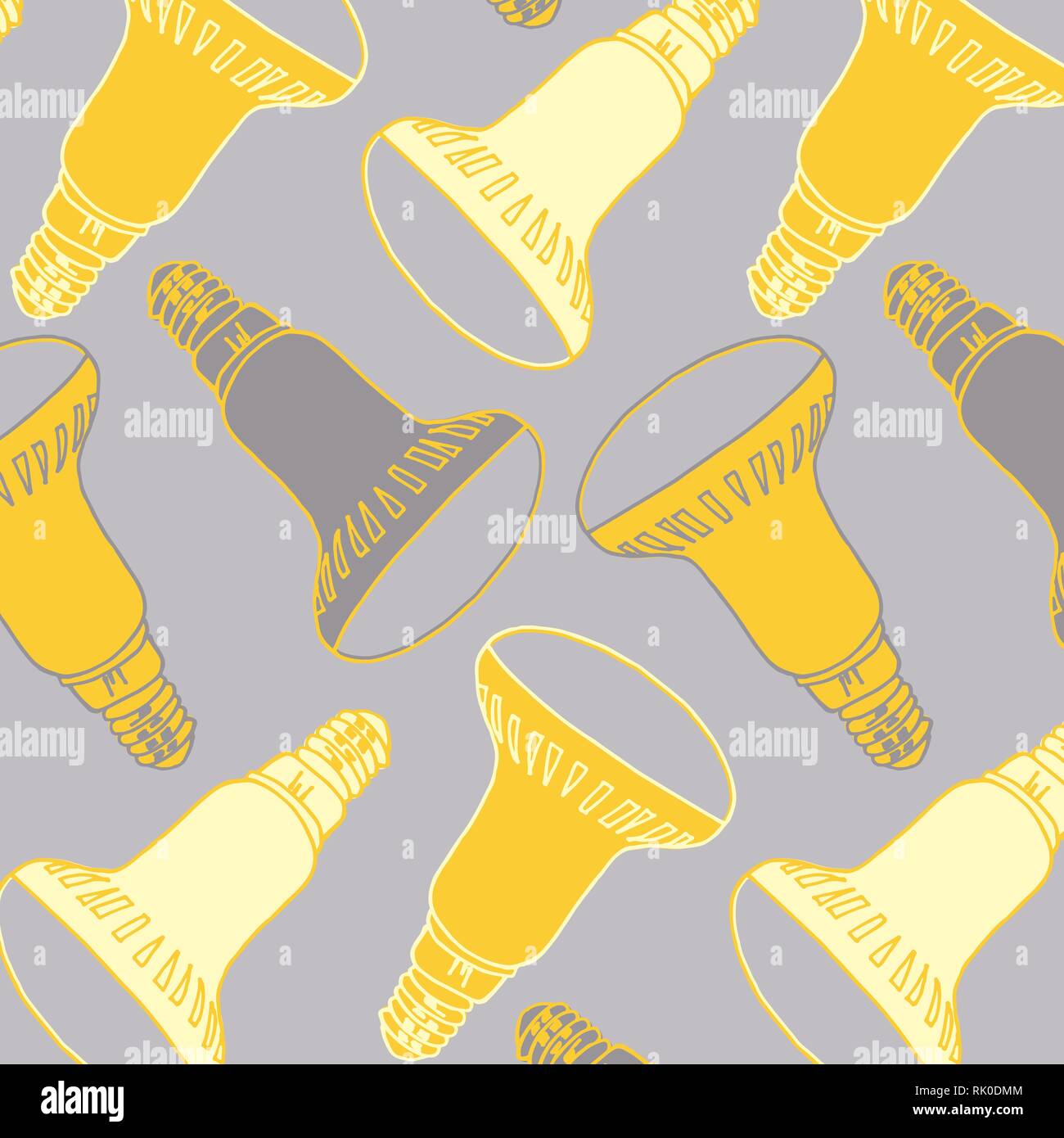 Hand drawn LED light bulbs vector pattern in yellow and gray colors palette Stock Vector