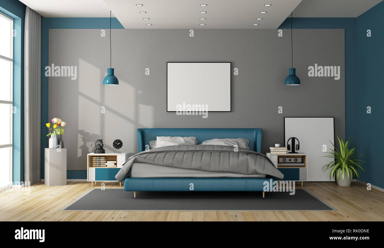 Blue And Gray Master Bedroom With Modern Furniture 3d