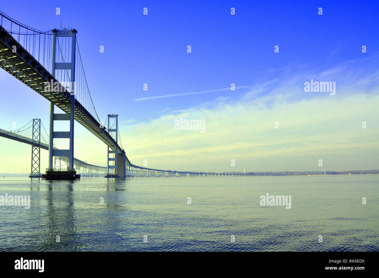 A View of the Chesapeake Bay Bridge from the water near The Eastern Shore, Maryland. Stock Photo