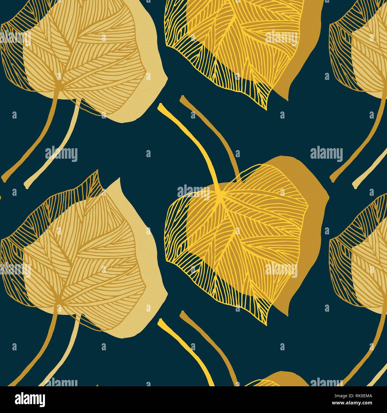 Hand drawn Ivy leaves autumn vector pattern in yellow, orange and dark blue colors palette Stock Vector