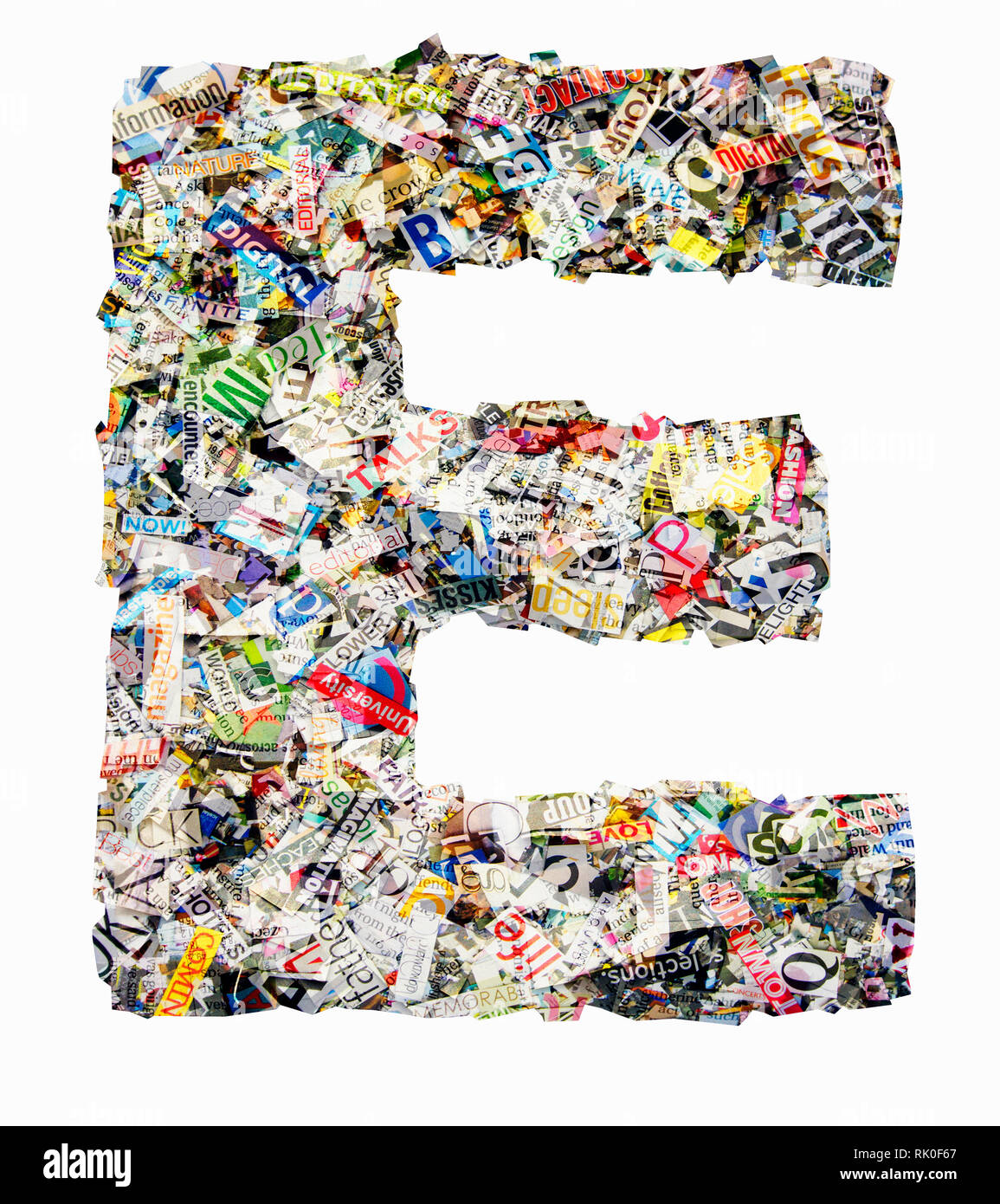The letter E  made from newspaper confetti Stock Photo