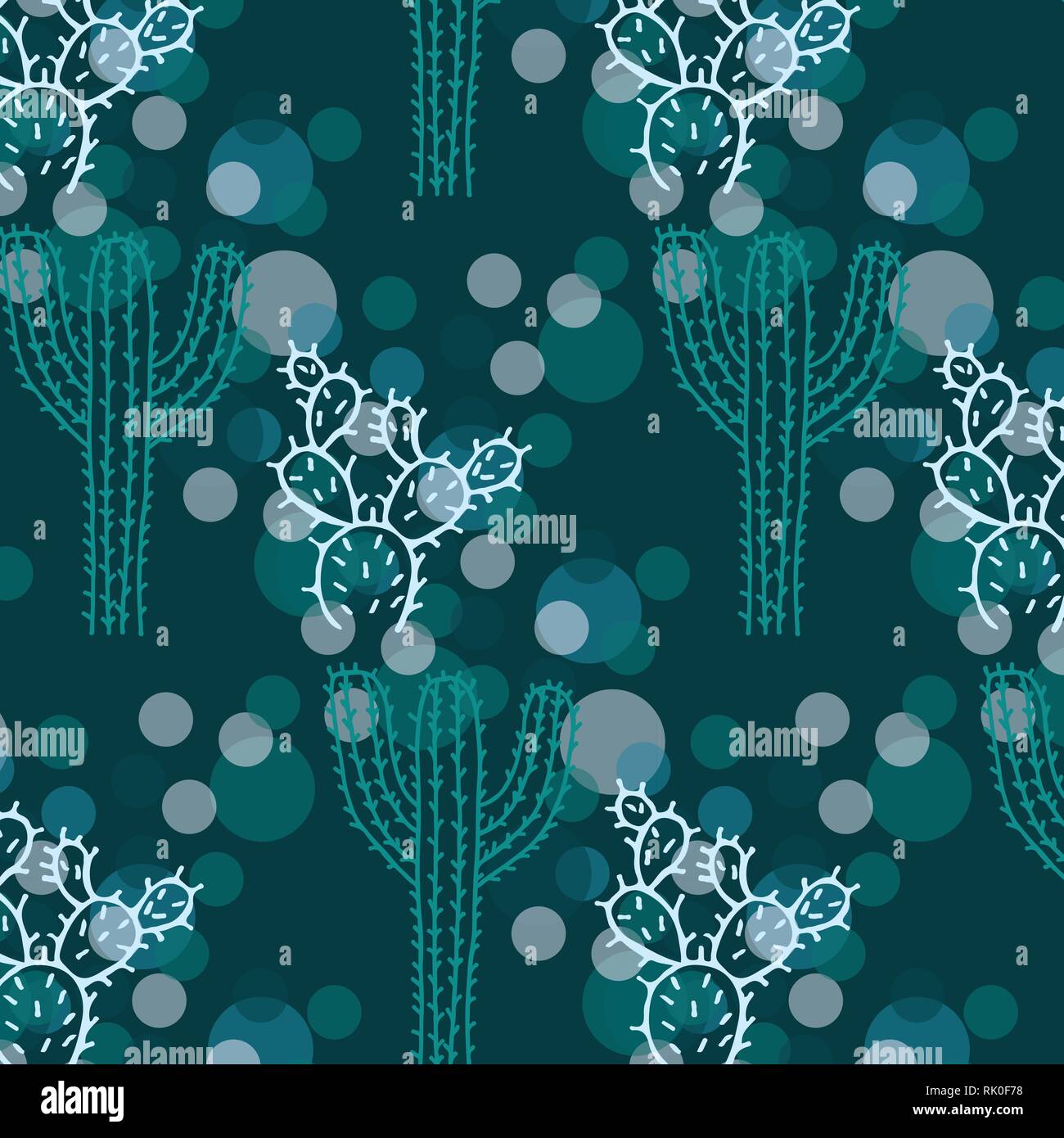 Cactus vector pattern in blue, teal and white color palette Stock Vector