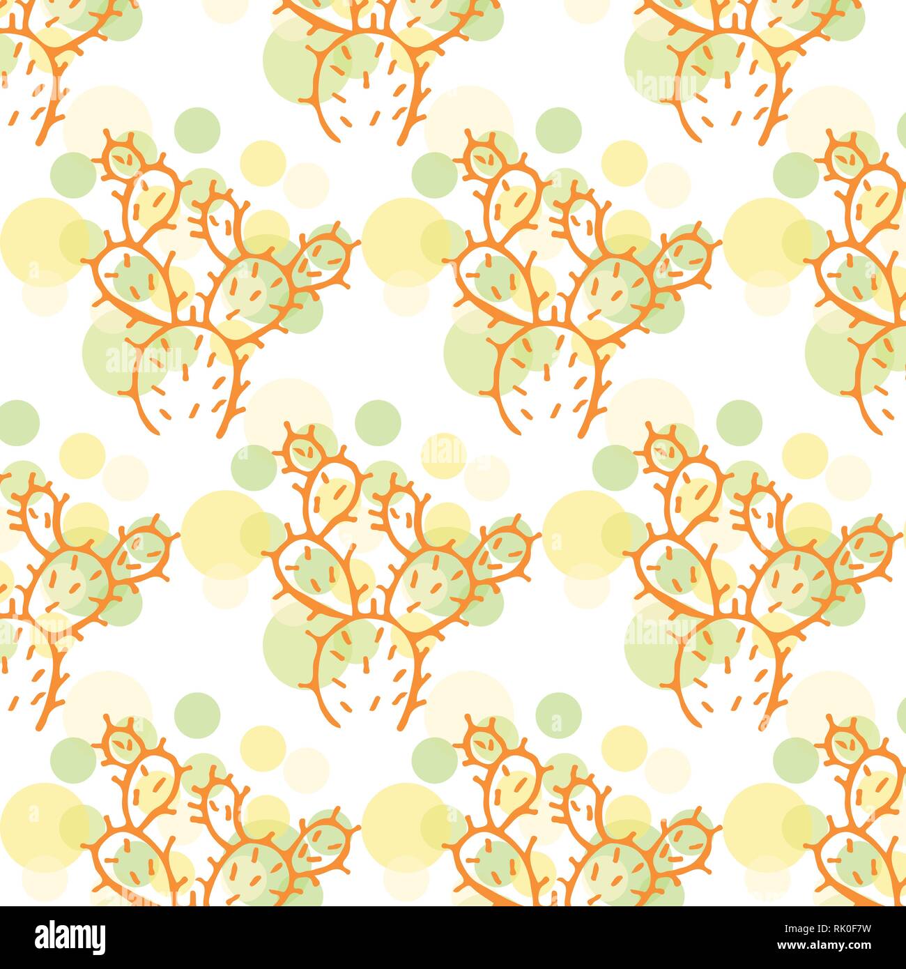Cactus and bubbles vector pattern in green, yellow and orange color palette on a white background Stock Vector