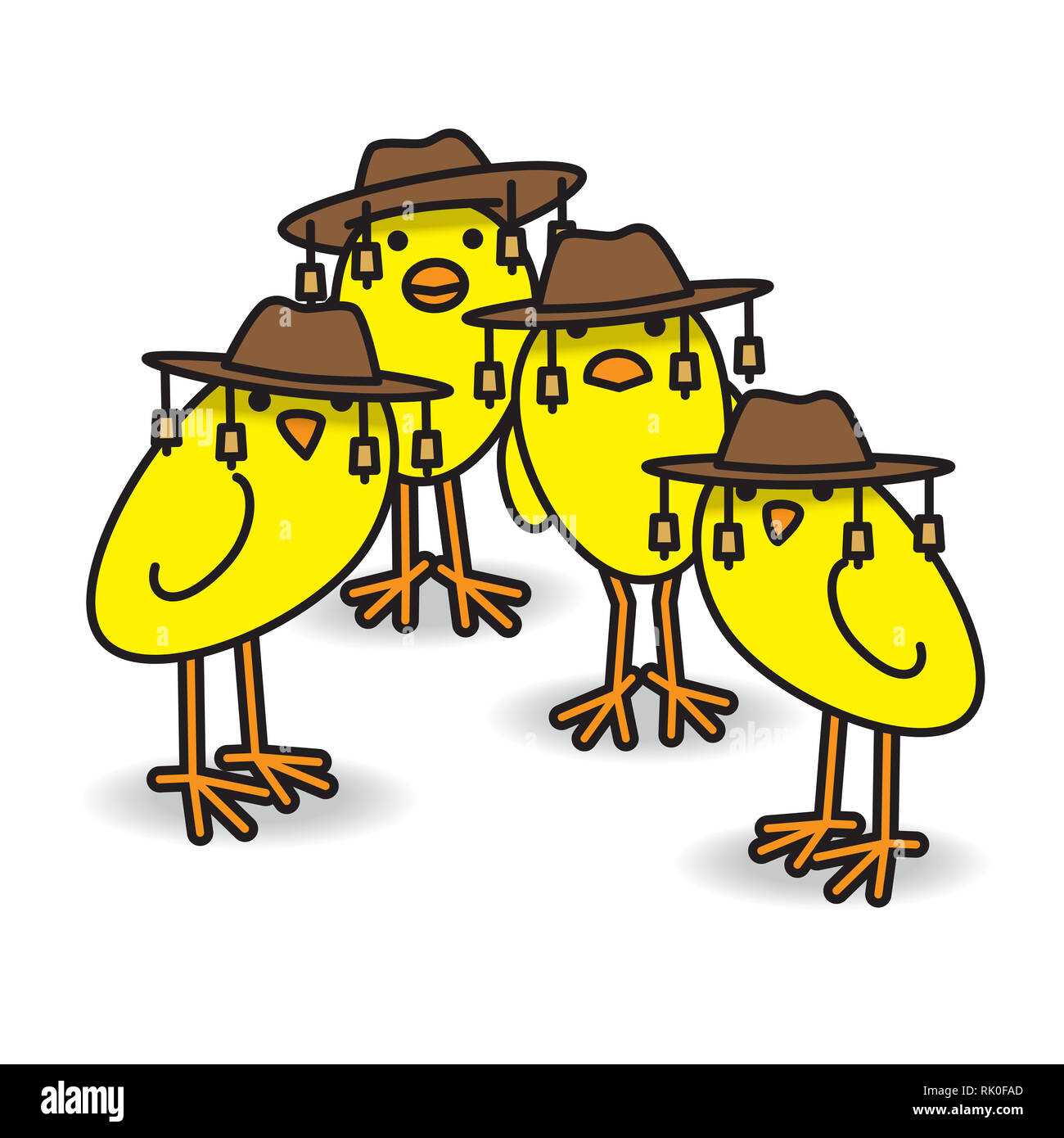 Four Yellow Aussie Chicks Staring towards camera wearing traditional Australian Bush Hats Stock Photo