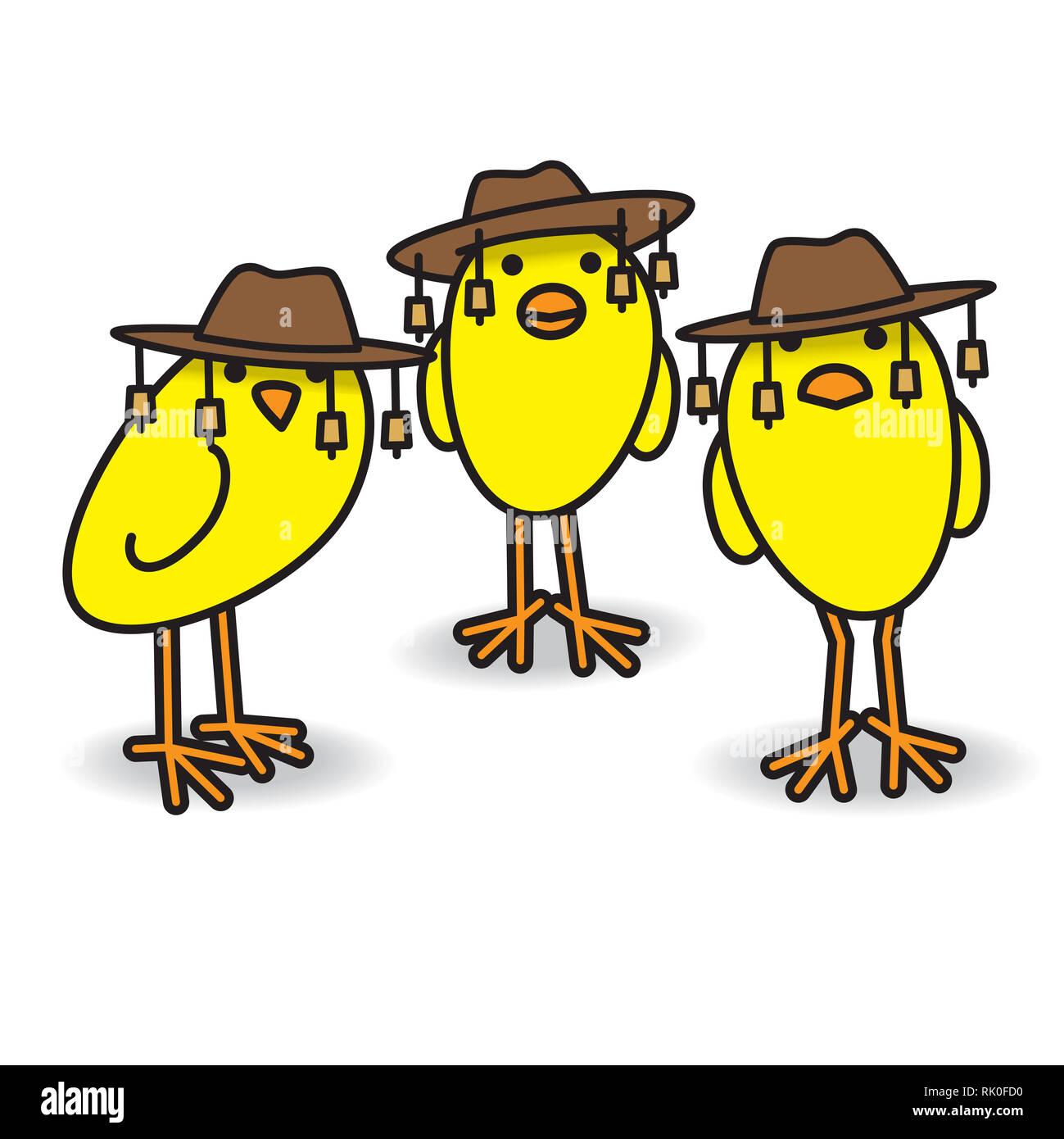 Three Yellow Aussie Chicks Staring towards camera wearing traditional ...