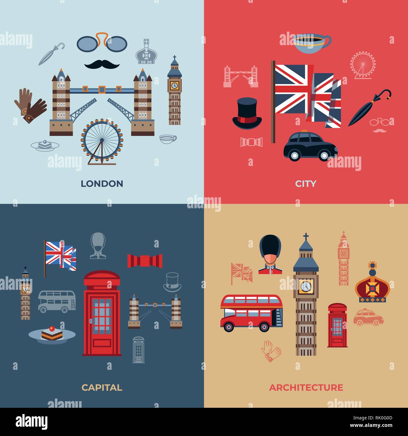 Digital vector london simple icons, flat style infographics Stock Vector