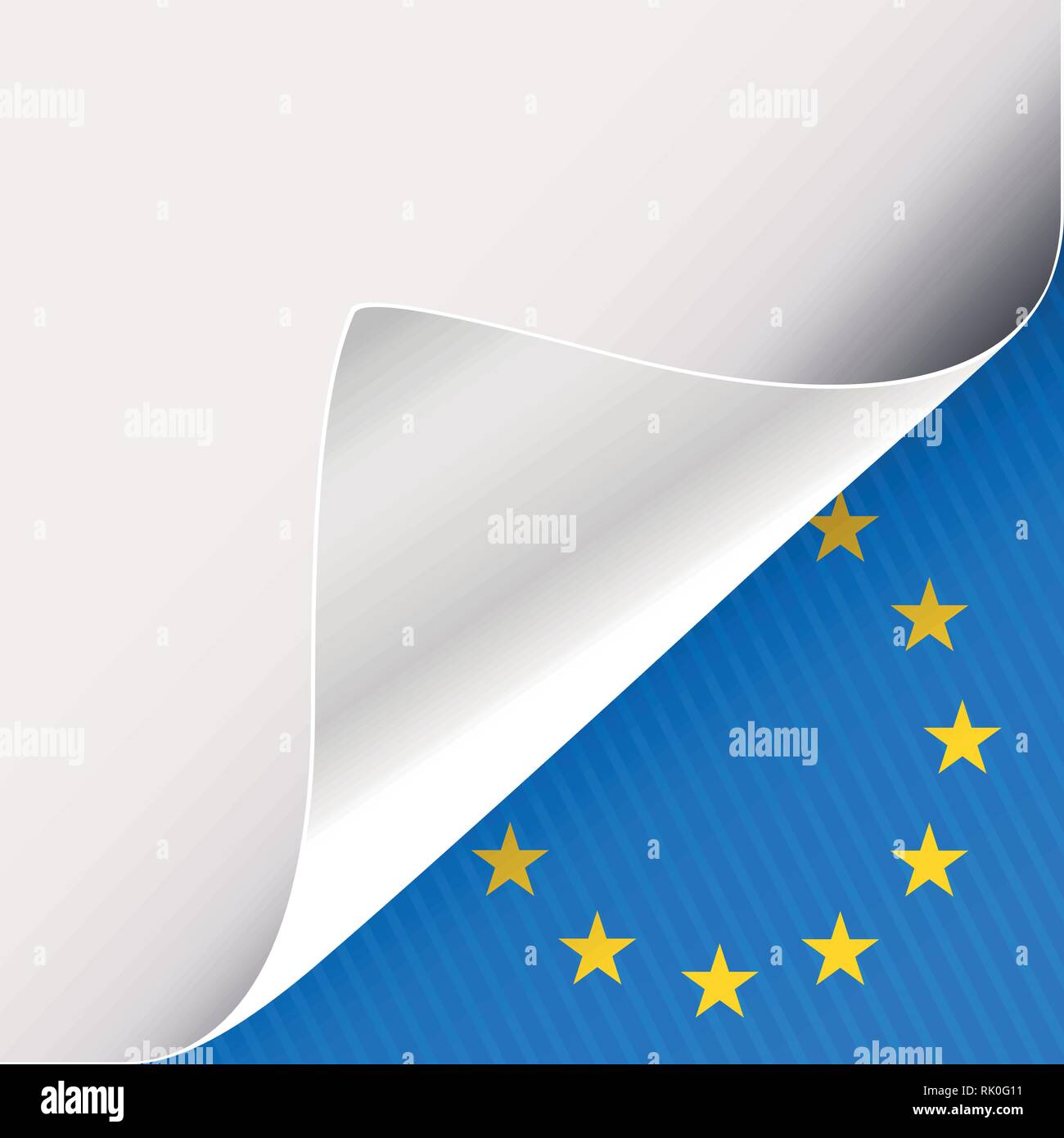 Curled corner of white paper on a blue right bottom angle background with European Union sign. Vector illustration. Stock Vector