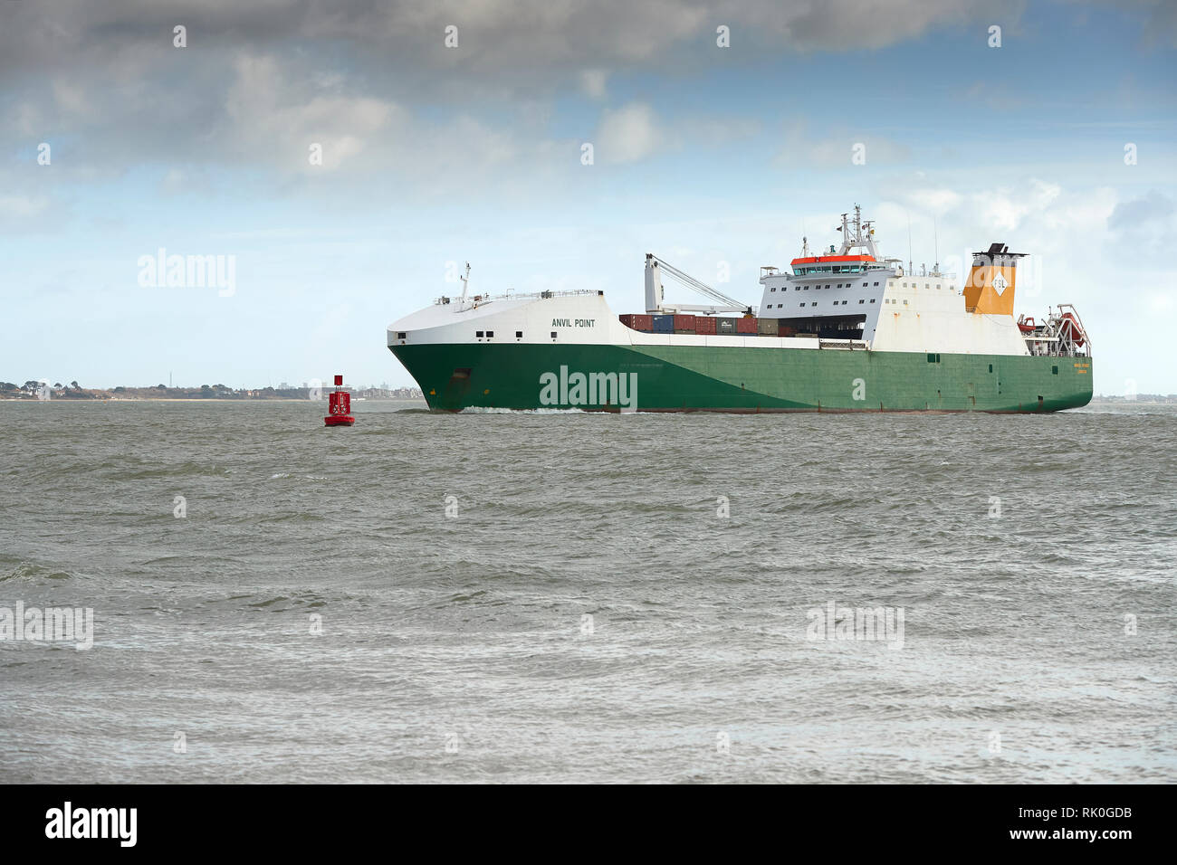 The Ro-Ro Cargo Ship, MV ANVIL POINT, Operated By Foreland Shipping On Behalf Of The UK MoD, Approaching Southampton After A Voyage From Oman To UK. Stock Photo