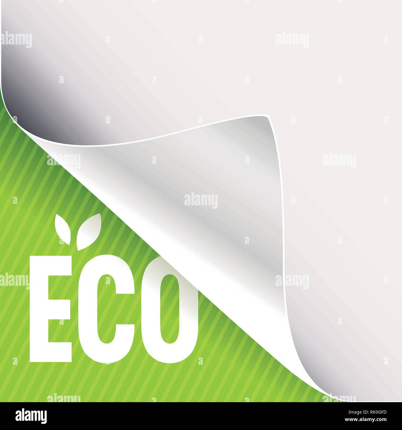 Curled corner of white paper on a green left bottom angle background. Eco slogan sign with leaves. Vector illustration. Stock Vector