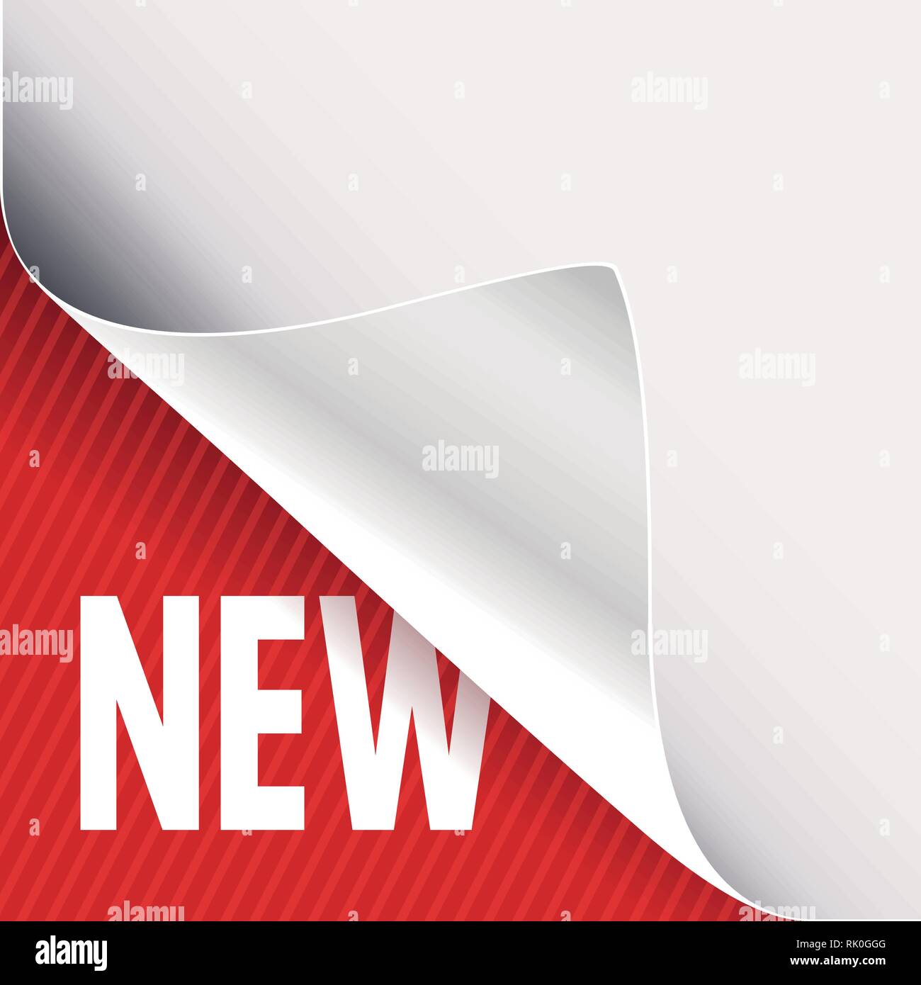 Curled corner of white paper on a red left bottom angle background. New slogan sign. Vector illustration. Stock Vector