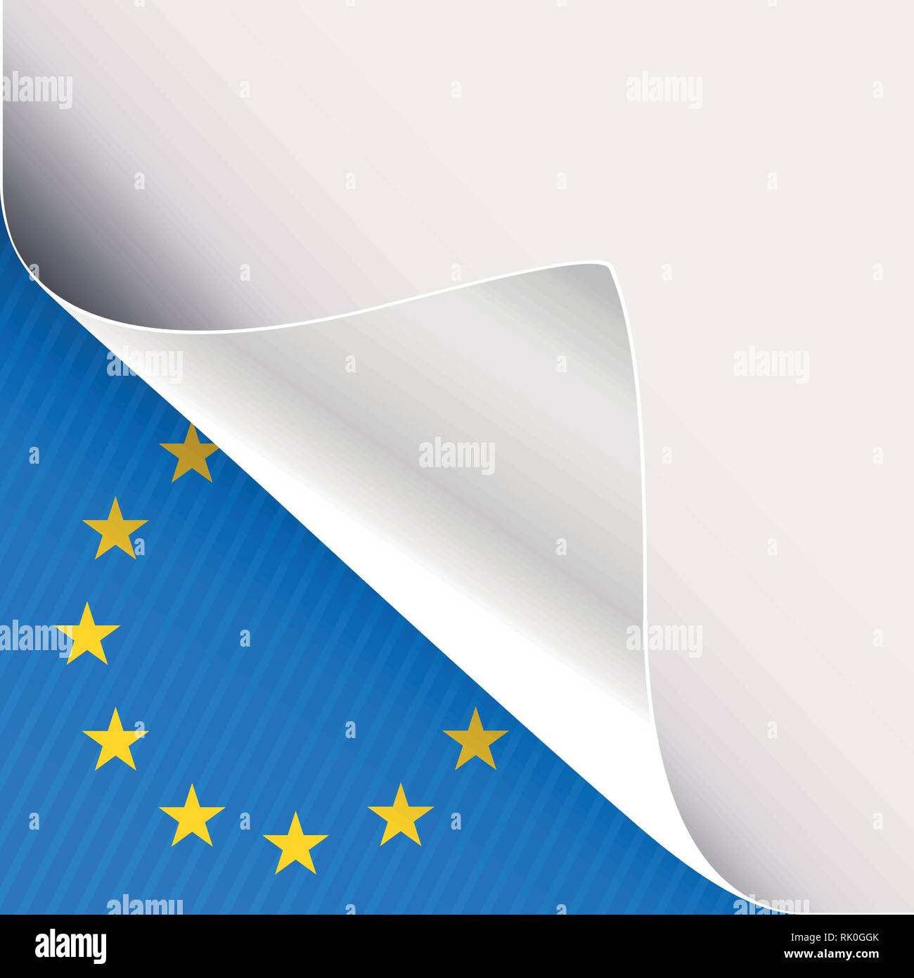 Curled corner of white paper on a blue left bottom angle background with European Union sign. Vector illustration. Stock Vector