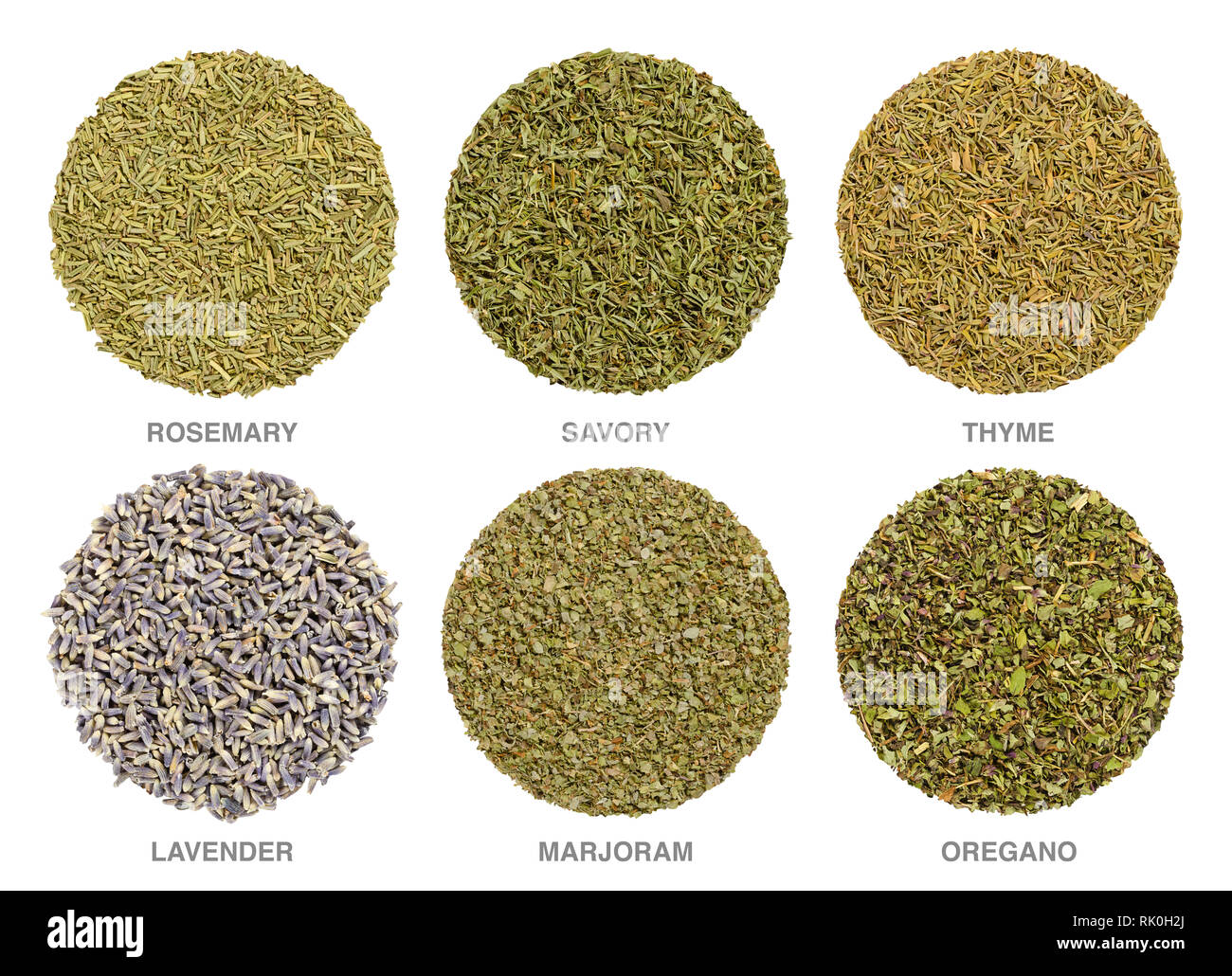 Culinary herbs for Herbes de Provence. Herbal circles. Dried rosemary, savory and thyme are always used, lavender, marjoram and oregano is often added Stock Photo