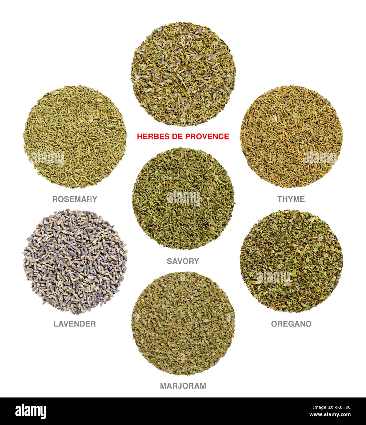 Herbes de Provence with single ingredients. Dried rosemary, savory and thyme are always used, lavender, marjoram and oregano is often added. Stock Photo