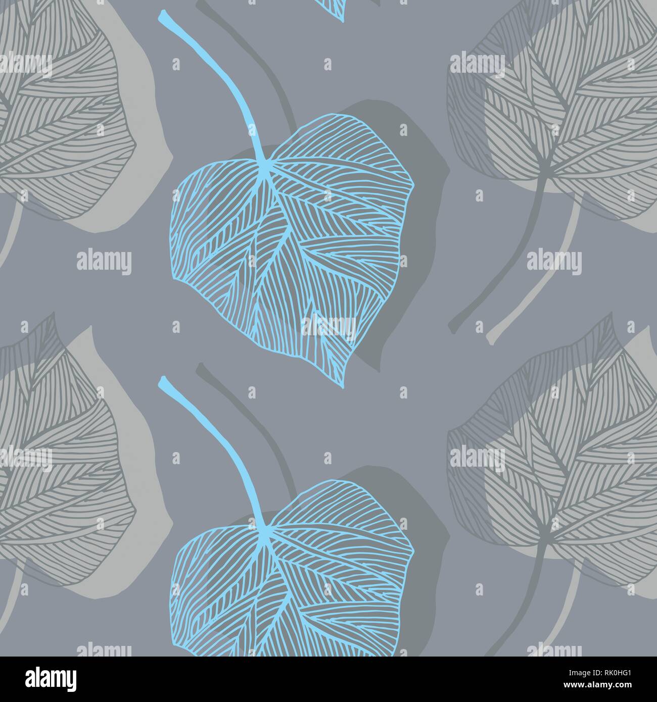 Ivy leaves vector pattern in gray and turquoise blue colors palette on a gray background Stock Vector