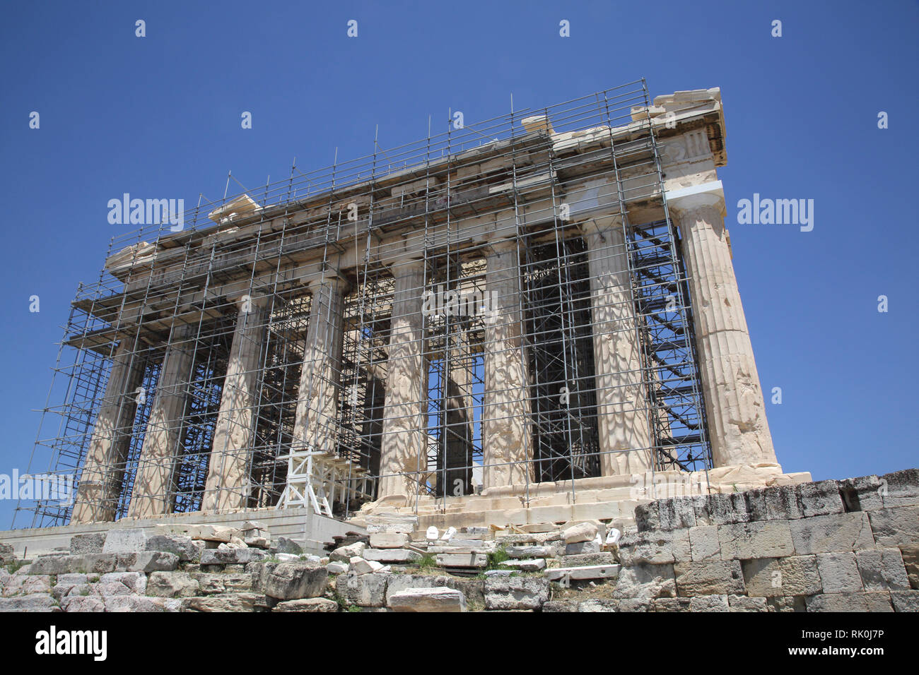 Acropolis Athens Greece Scaffolding on the Parthenon under Restoration Stock Photo