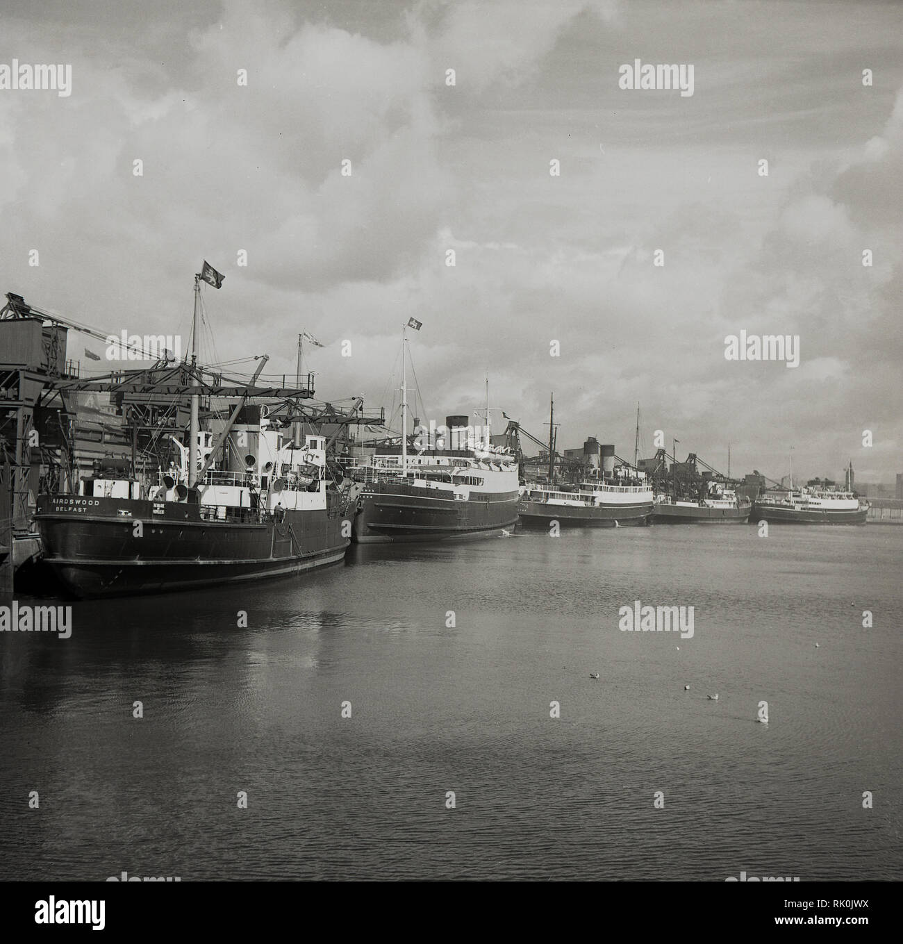 1950s, steamships moored at the docks in Belfast, Northern Ireland.The port of Belfast is one of only two ports on the island of Ireland that can handle a full range of cargoes as well as passenger and cruise ships. Stock Photo
