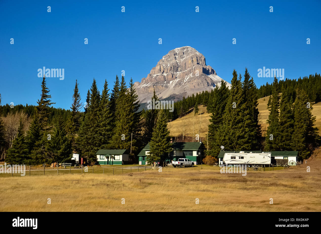 Farm with Crowsnest mountain in the background, British Columbia