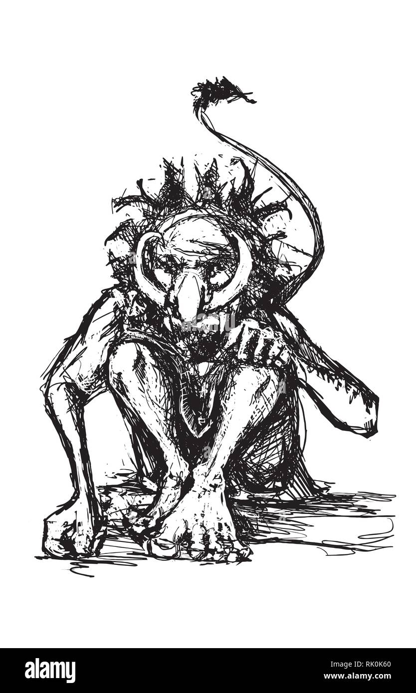 sketchy style mythical Swedish troll with tusks and tail Stock Vector