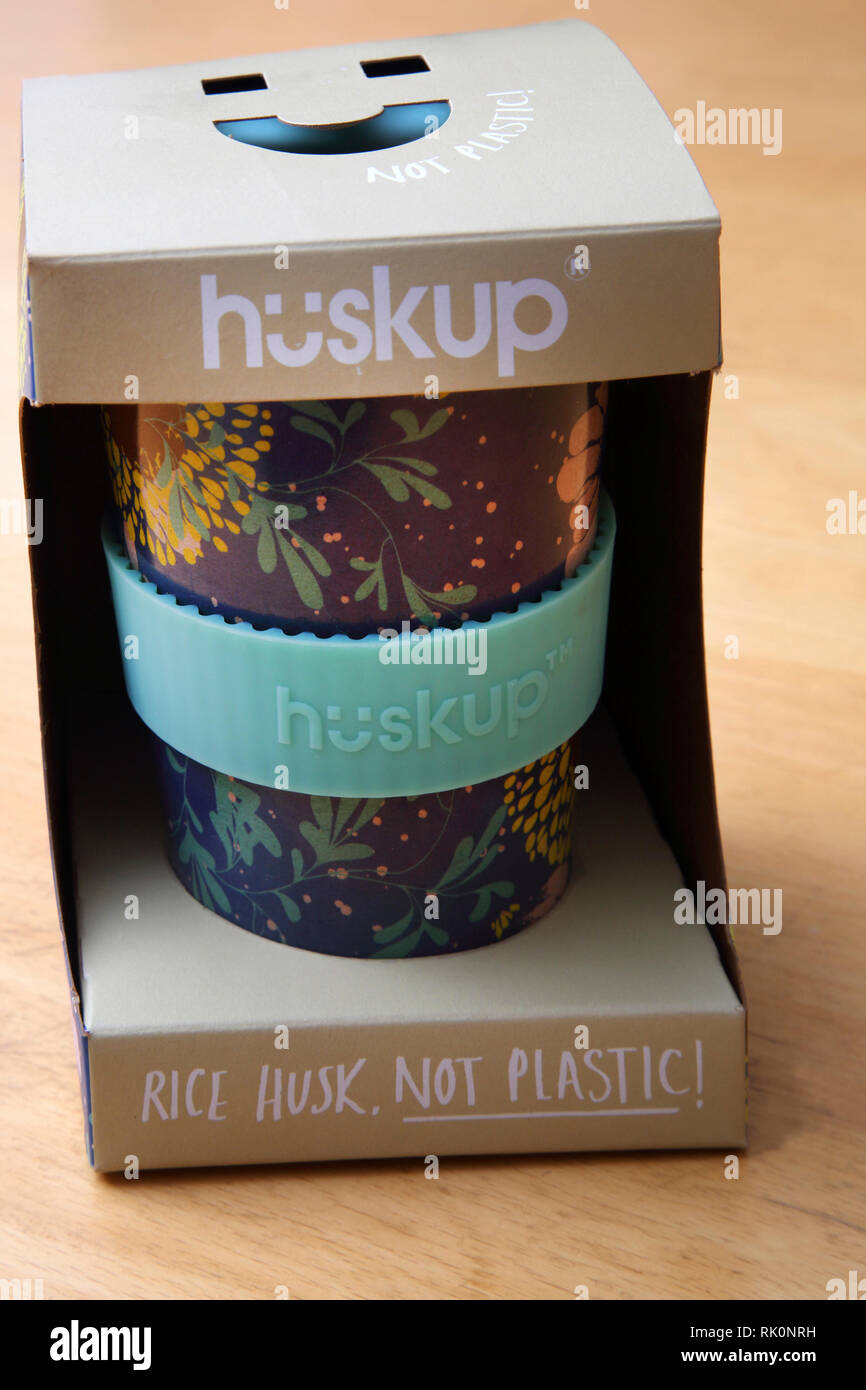 Huskup Biodegradable Travel Mug Made out of Rice Husk To Reduce the Use of Plastic Stock Photo