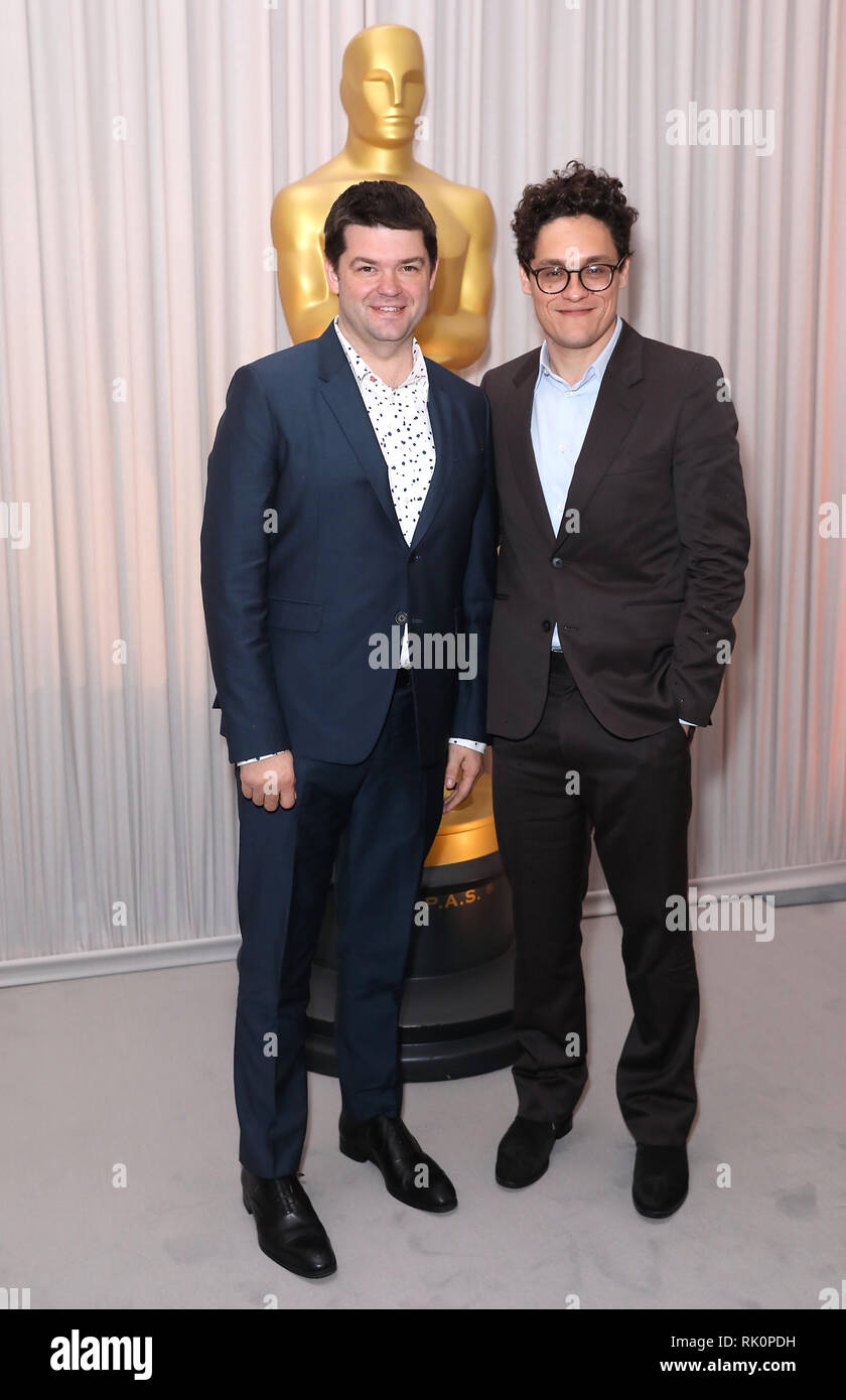 Chris Miller (left) and Phil Lord attending the Oscars Nominee Champagne Tea Reception held at the Claridge's Ballroom in London, UK. Stock Photo