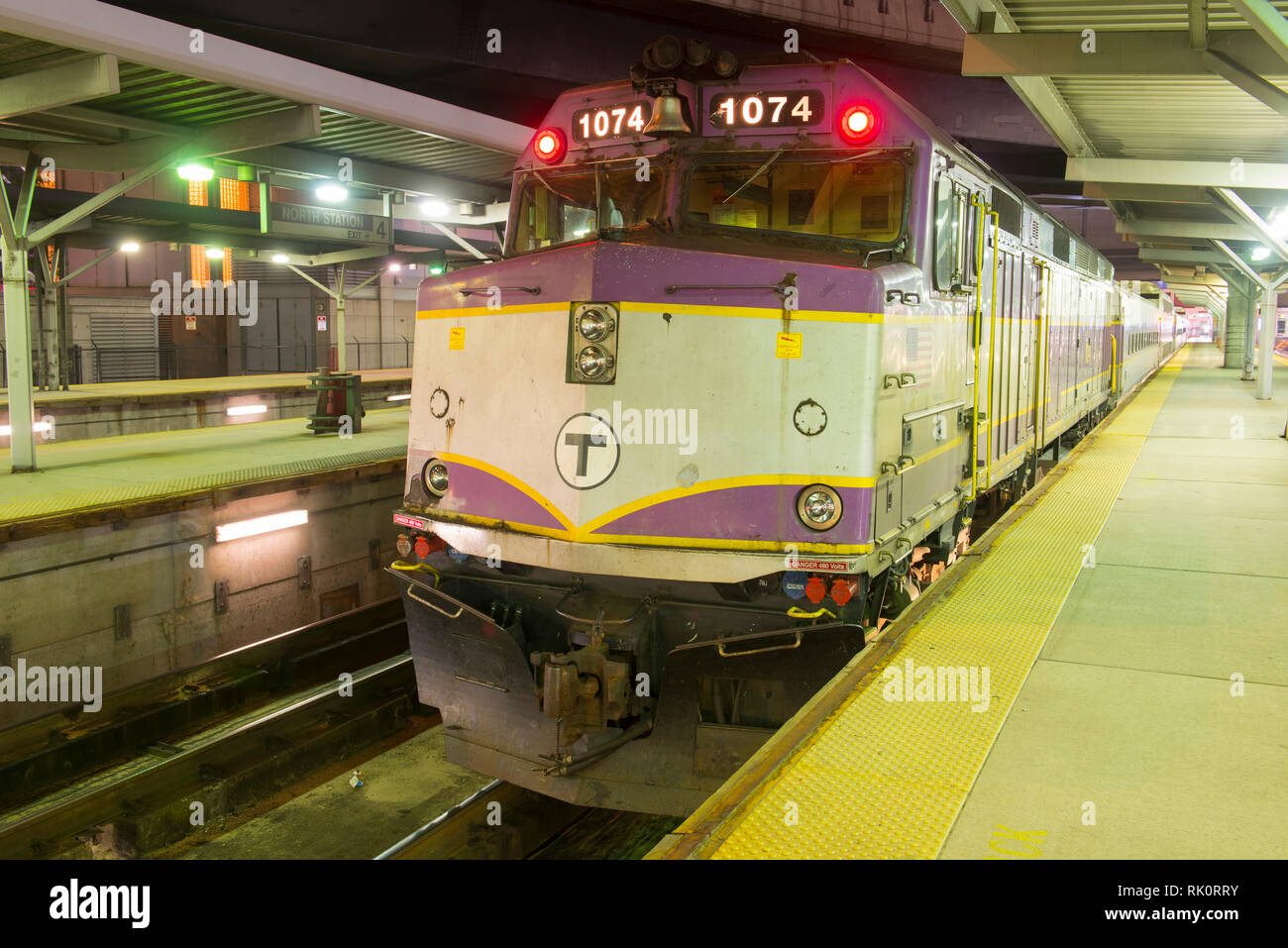 MBTA Commuter Rail General Motors EMD F40PH locomotive at night in