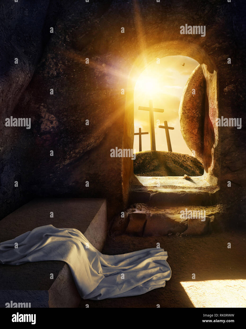 He is Risen. Empty Tomb With Shroud. Crucifixion at Sunrise. -3d rendering. - Illustration. Stock Photo