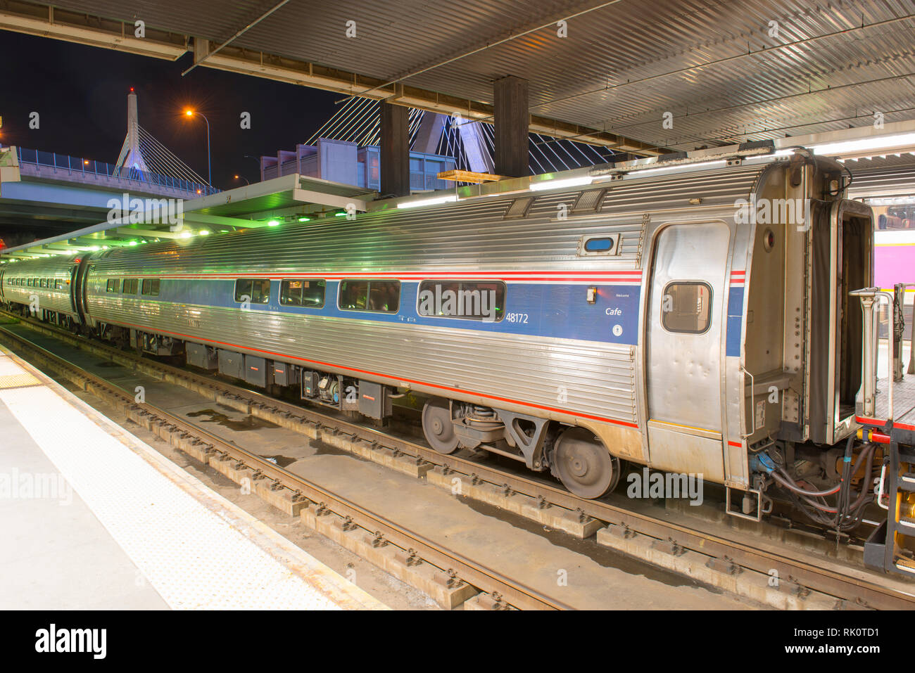 Amtrak Amfleet I Cafe car at night in North Station, Boston