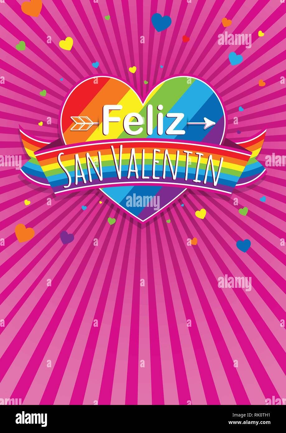 Happy Valentines Day in Spanish language- on a rainbow heart surrounded with multicolor ribbon on a purple background with hearts - Vector image Stock Vector