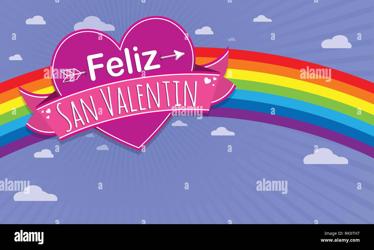 Happy Valentines Day in Spanish language- on a purple heart surrounded with pink ribbon on a blue background with rainbow - Vector image Stock Vector