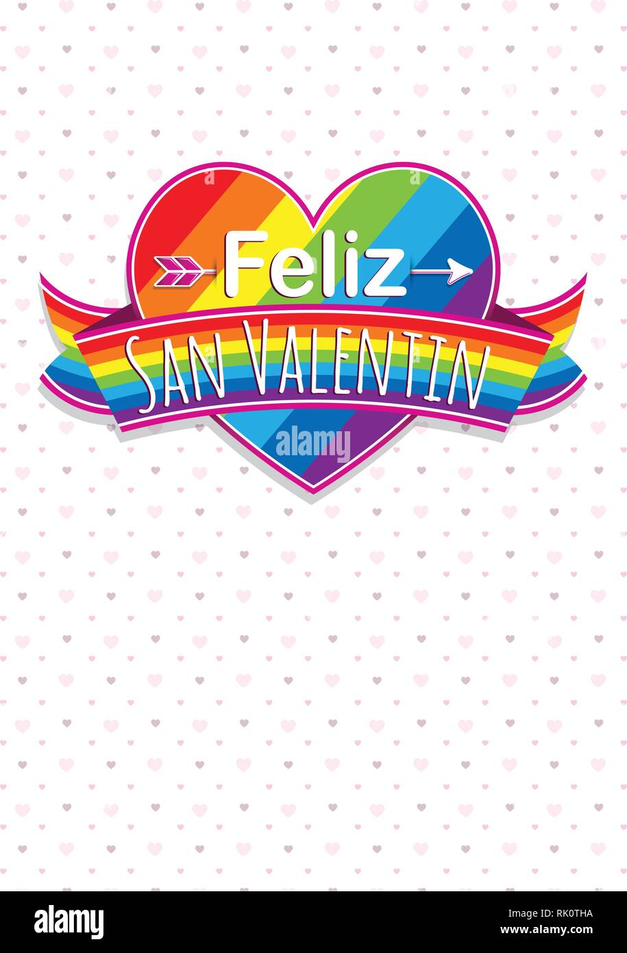 Happy Valentines Day in Spanish language- on a rainbow heart surrounded with multicolor ribbon on a white background with hearts - Vector image Stock Vector
