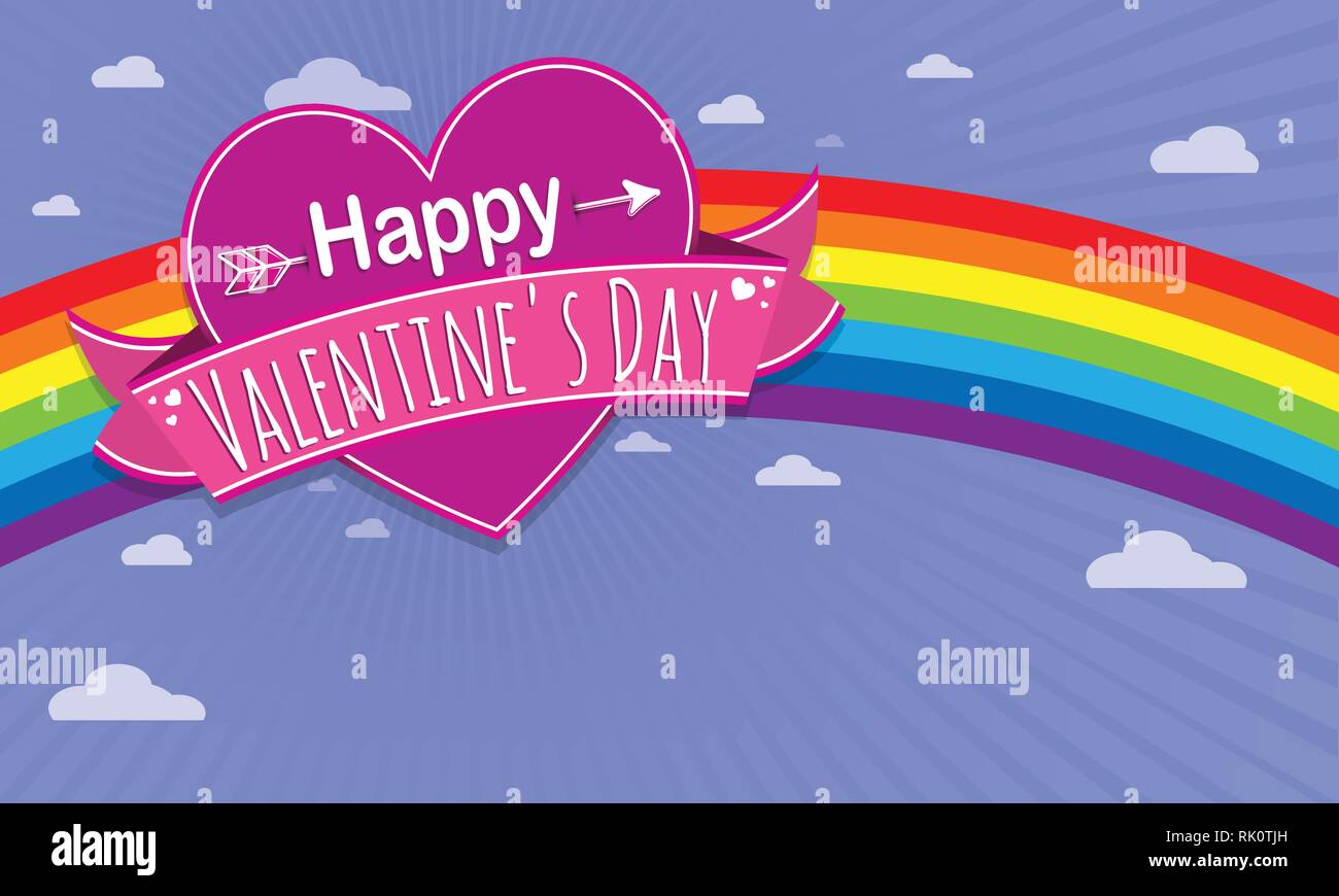 Card cover with message: Happy Valentines Day on a purple heart surrounded with pink ribbon on a blue background with rainbow - Vector image Stock Vector