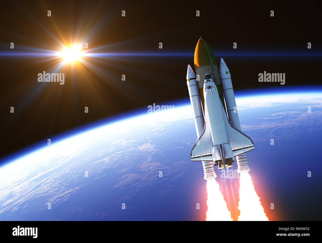 Space Shuttle In The Rays Of Sun. 3D Illustration. Stock Photo