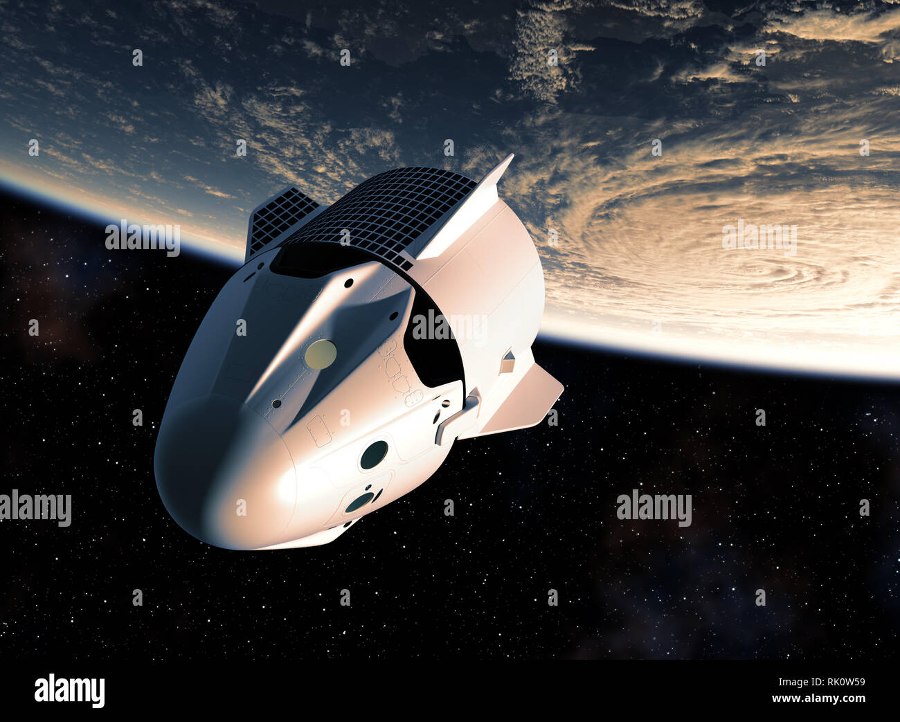 Commercial Spacecraft Orbiting Planet Earth. 3D Illustration. Stock Photo