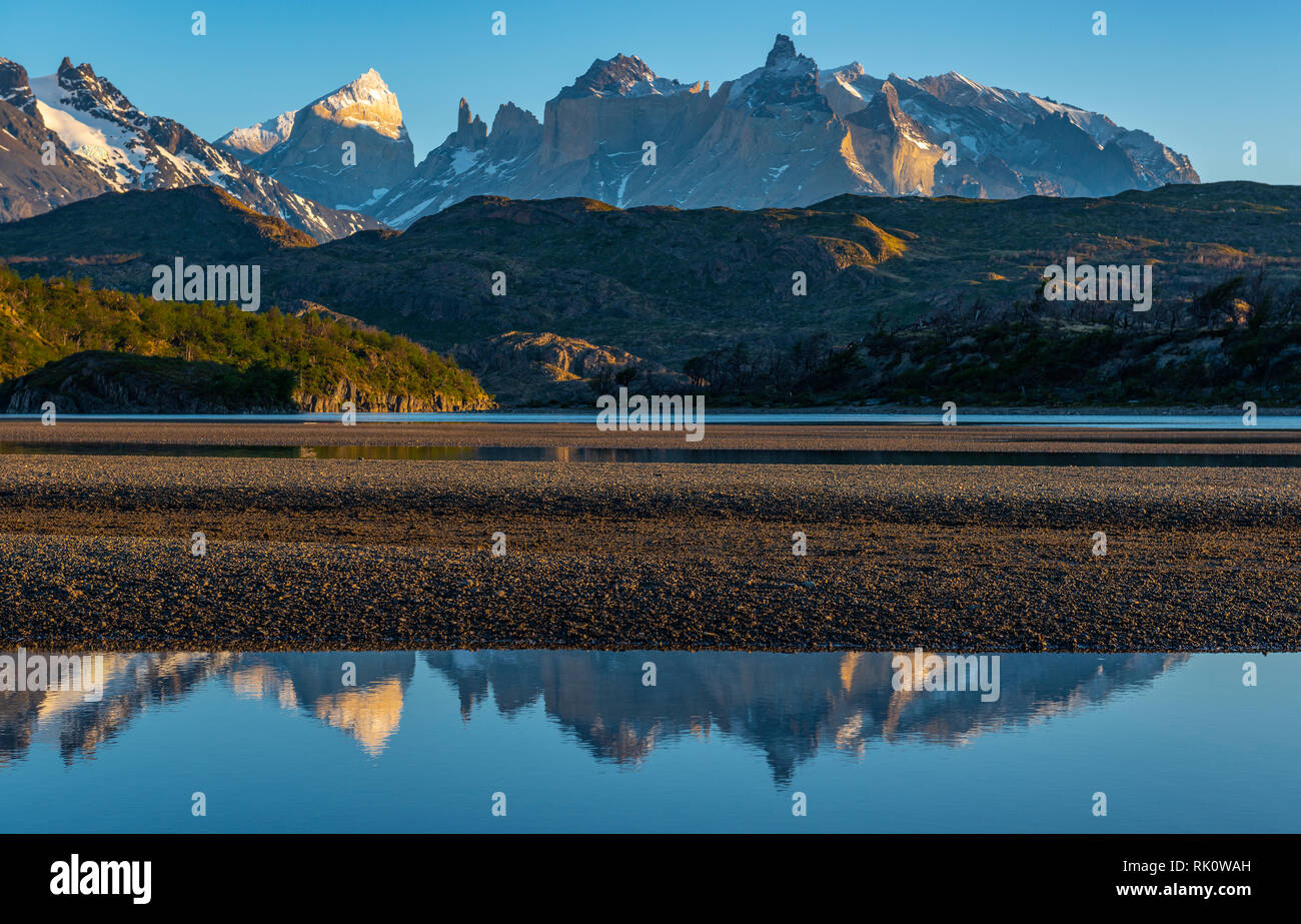 Reflection of the Cuernos and Torres del Paine in the pure waters of Lago Grey near the same name glacier, Torres del Paine, Patagonia, Chile. Stock Photo