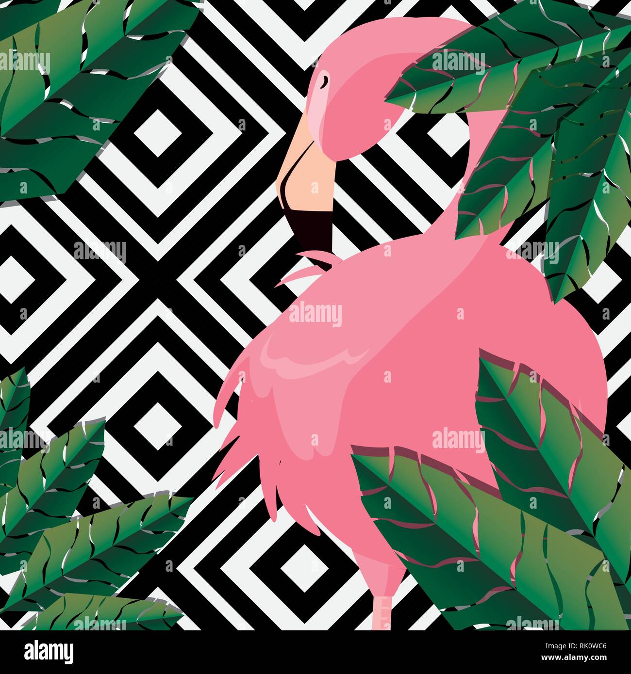 tropical flamingo palm leaves geometric background vector illustration ...