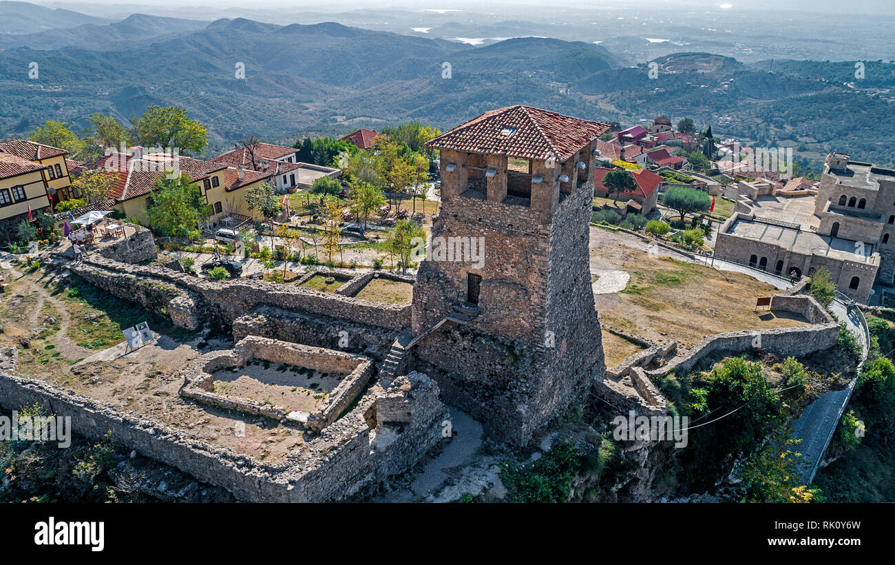 Drone aerial view on with ruins of Kruje castle in Albania Stock Photo