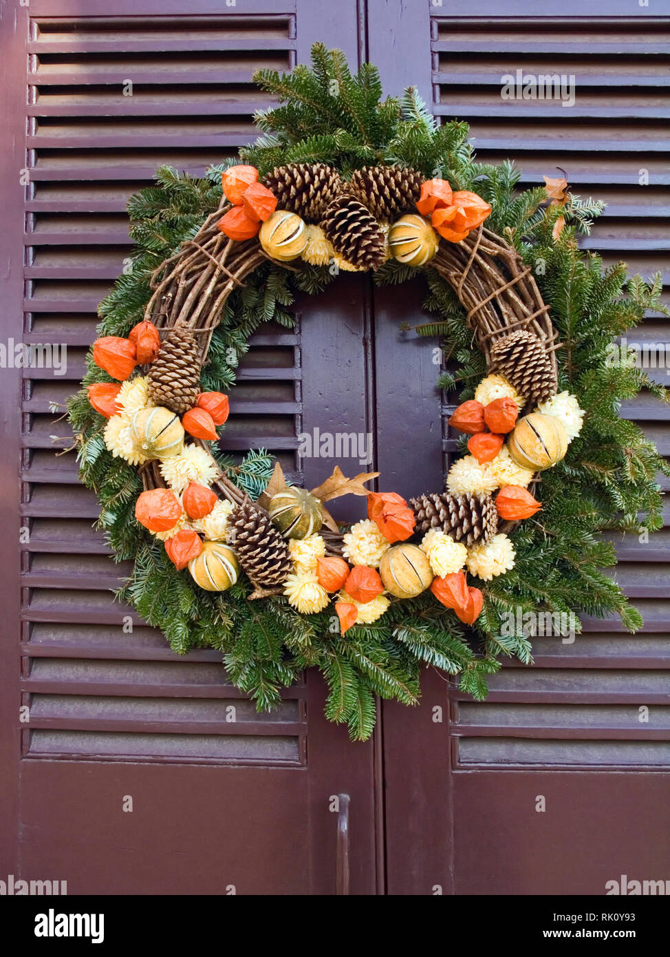 grapevine & evergreen wreath, natural materials, orange; yellow, brown; Christmas; fruit, flowers, pine cones, unique, decoration, holiday; winter; v Stock Photo