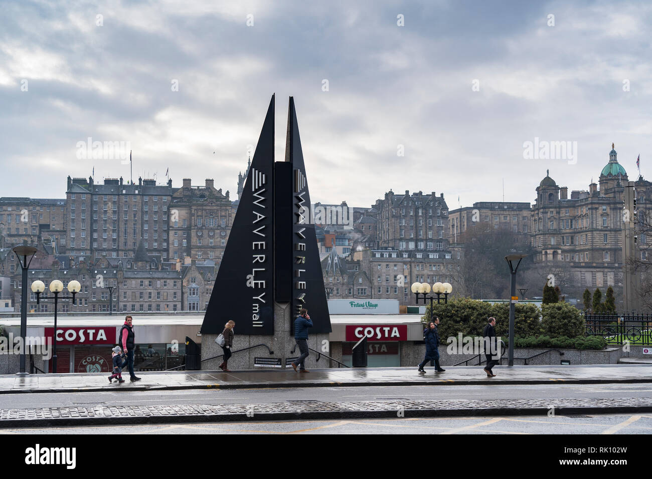 Edinburgh, UK. 8 Feb 2019. View from Princes Street across existing Waverley Mall towards the Old Town in Edinburgh, Scotland. This iconic and famous  Stock Photo